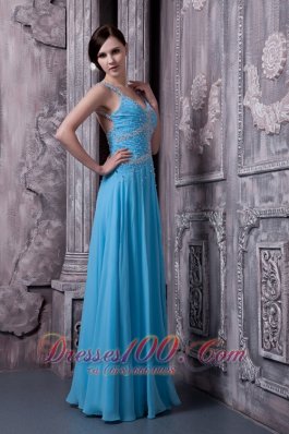 Aqua Blue Evening Dress Straps Empire Beading