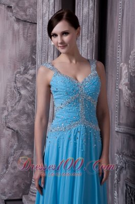 Aqua Blue Evening Dress Straps Empire Beading