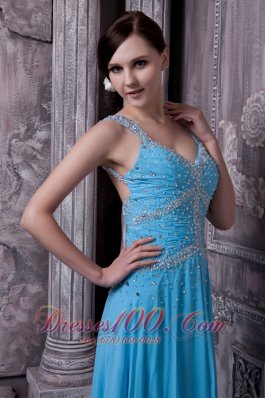 Aqua Blue Evening Dress Straps Empire Beading