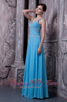 Aqua Blue Evening Dress Straps Empire Beading