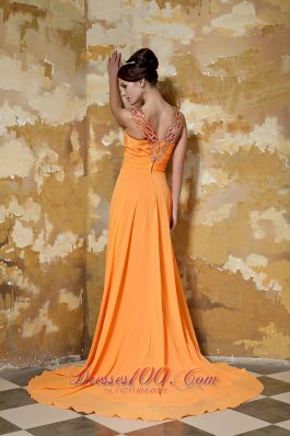 V-neck Brush Beading Prom Evening Dress Orange