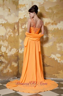 V-neck Brush Beading Prom Evening Dress Orange