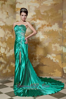 Court Train High Split Beading Prom Dress Green