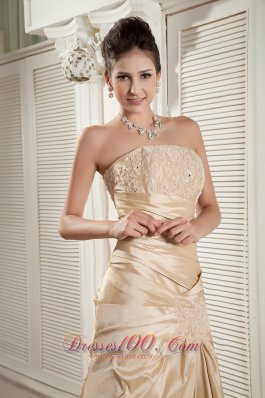 Appliques Court Champagne A-line Prom Pageant Gown