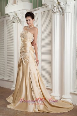 Appliques Court Champagne A-line Prom Pageant Gown