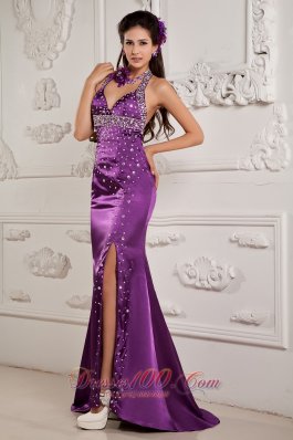 High Split Mermaid Halter Brush Prom Evening Dress