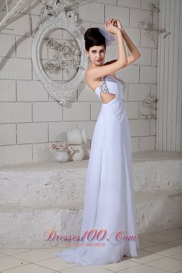 One Shoulder White Beading Brush Prom Evening Gown