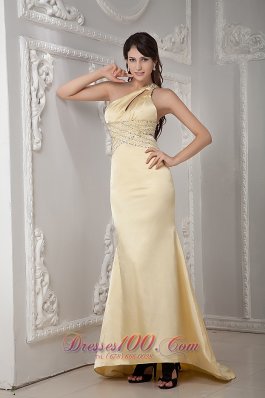 Yellow Beading Brush Prom Dress One Shoulder