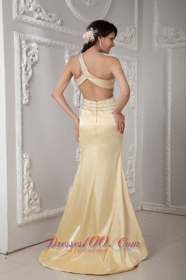 Yellow Beading Brush Prom Dress One Shoulder