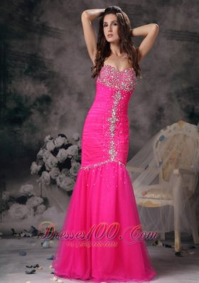 Mermaid Hot Pink Prom Pageant Dress Beading Ruch