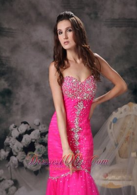 Mermaid Hot Pink Prom Pageant Dress Beading Ruch