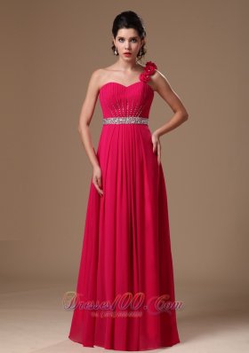 One Shoulder Hand Flowers Coral Red Prom Gown