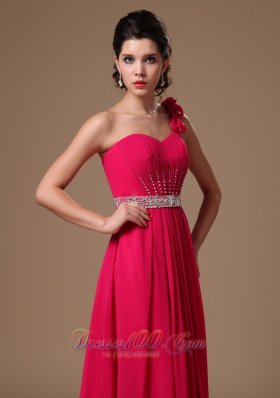 One Shoulder Hand Flowers Coral Red Prom Gown