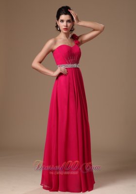 One Shoulder Hand Flowers Coral Red Prom Gown