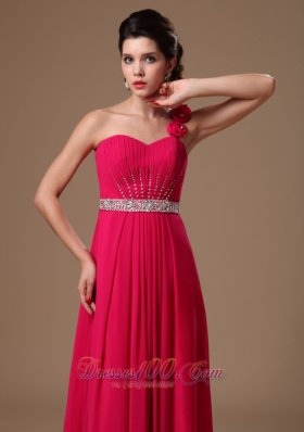 One Shoulder Hand Flowers Coral Red Prom Gown