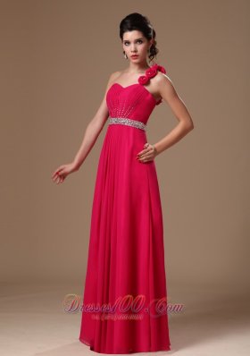 One Shoulder Hand Flowers Coral Red Prom Gown