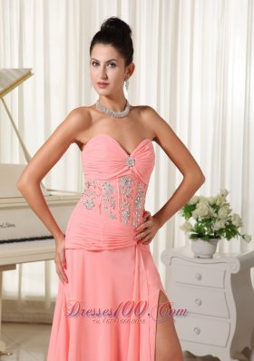 High Slit Watermelon Evening Dress Beading