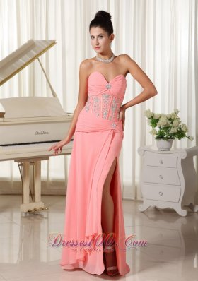 High Slit Watermelon Evening Dress Beading