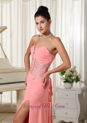 High Slit Watermelon Evening Dress Beading