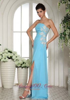 High Slit Appliques Baby Blue 2013 Prom Dress