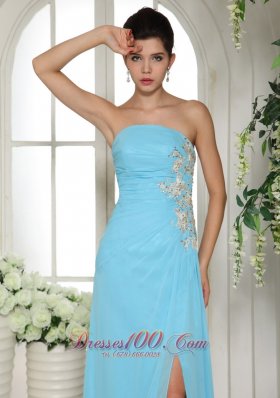 High Slit Appliques Baby Blue 2013 Prom Dress