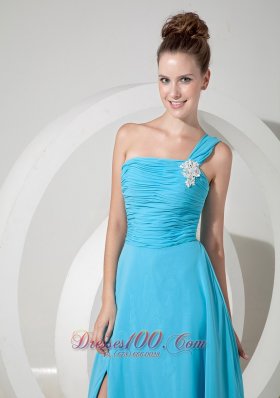 High Slit Prom Dress Aque Blue One Shoulder