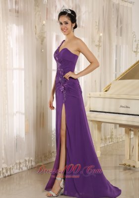 One Shoulder High Slit Purple Prom Dress