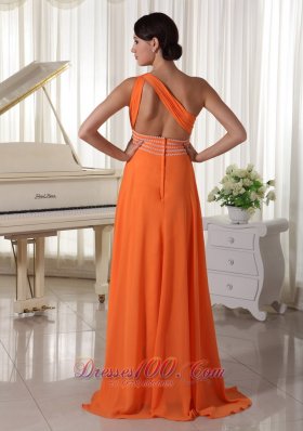 One Shoulder Brush Beaded Prom Dress Orange