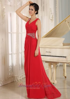 V-neck Red Brush Beaded Evening Dress for Prom