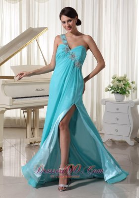 Beaded One Shoulder Aqua Seventeen Prom Dress