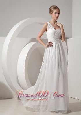 One Shoulder White Empire Beach Wedding Dress