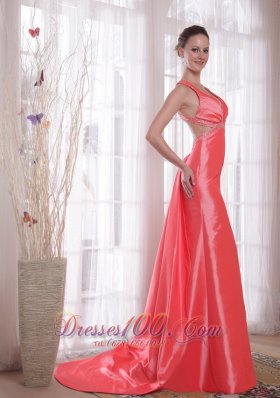 Watteau Sheath Straps Watermelon Prom Party Dress