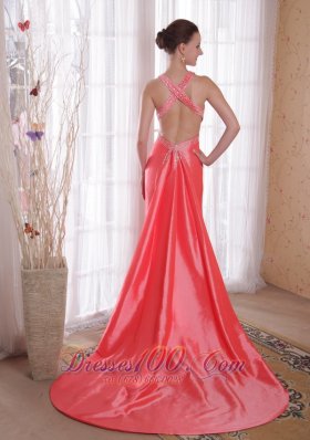 Watteau Sheath Straps Watermelon Prom Party Dress