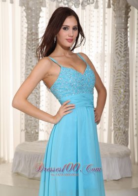 Asymmetrical Baby Blue Straps Prom Dress Pleats