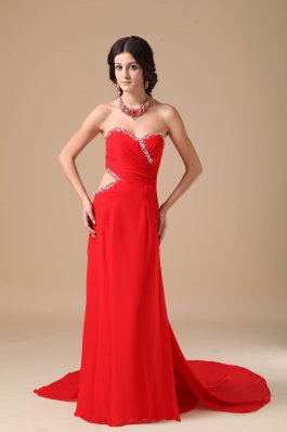 Red Column Court Beading Prom Dress Side Cut