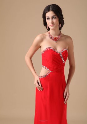 Red Column Court Beading Prom Dress Side Cut