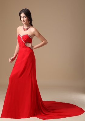 Red Column Court Beading Prom Dress Side Cut