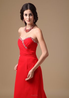 Red Column Court Beading Prom Dress Side Cut