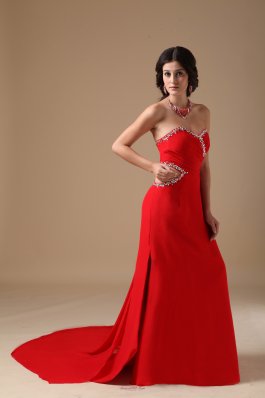 Red Column Court Beading Prom Dress Side Cut