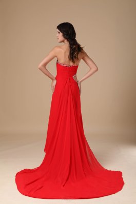 Red Column Court Beading Prom Dress Side Cut