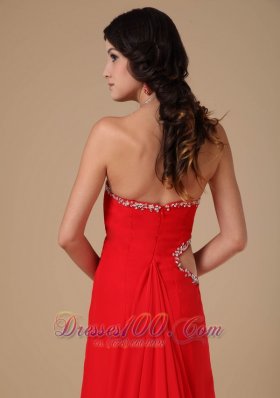 Red Column Court Beading Prom Dress Side Cut