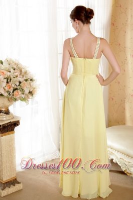 Prom Evening Dress Yellow Column V-neck Beading Ruch