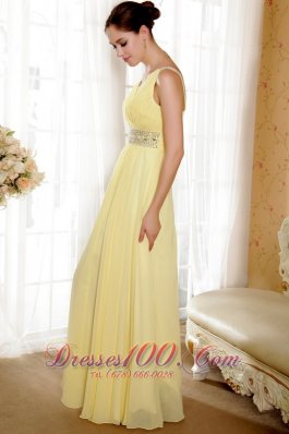 Prom Evening Dress Yellow Column V-neck Beading Ruch