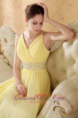 Prom Evening Dress Yellow Column V-neck Beading Ruch