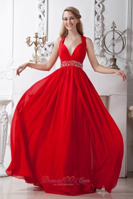 V-neck Crossed Back Prom Homecoming Dress Beading