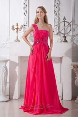 Coral Red One Shoulder Sequins Prom Dress Brush