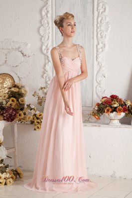 Baby Pink Empire Straps Beading Pleats Prom Dress