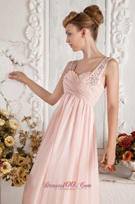 Baby Pink Empire Straps Beading Pleats Prom Dress