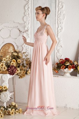 Baby Pink Empire Straps Beading Pleats Prom Dress