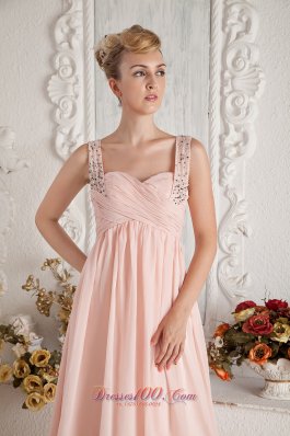 Baby Pink Empire Straps Beading Pleats Prom Dress